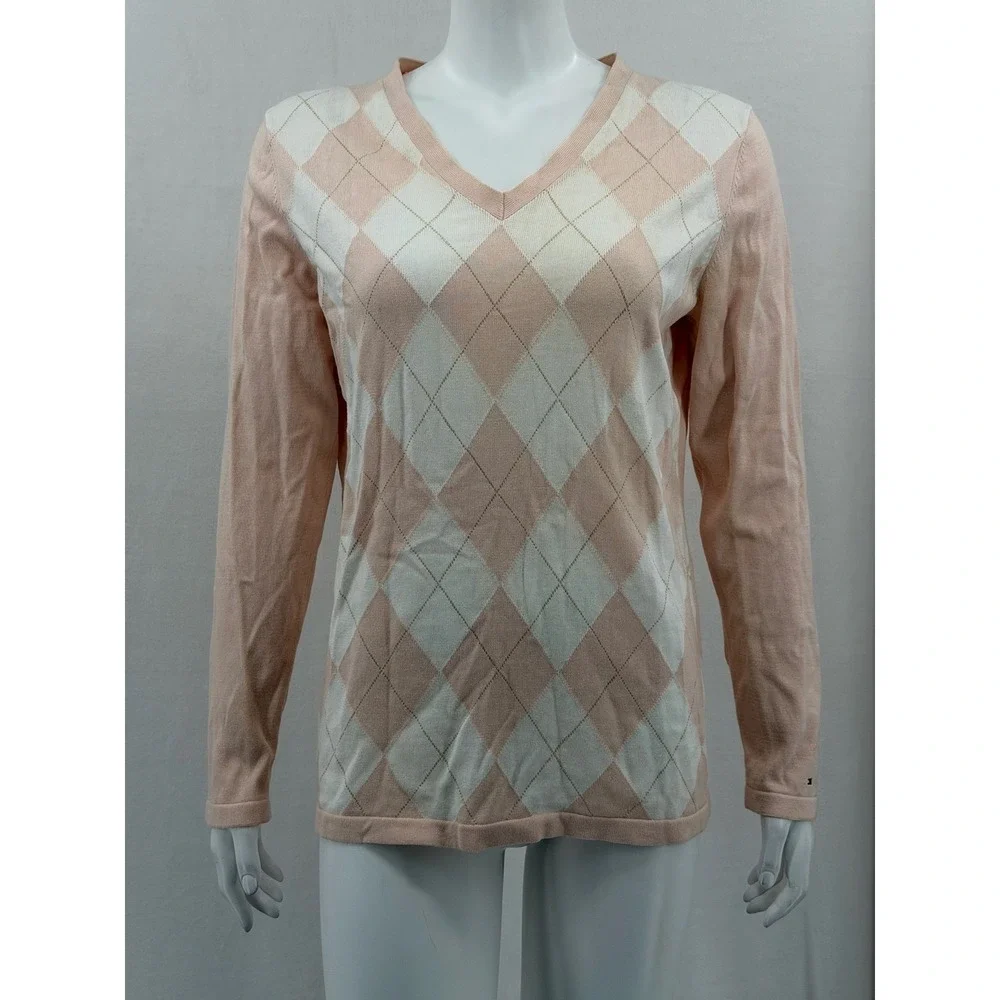 Tommy Hilfiger Sweater Womens Large Pink Peach Argyle V-Neck Tennis Prep Pastel - Picture 1 of 11